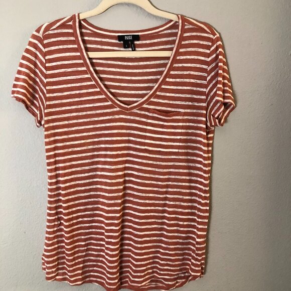 Paige Lynnea Linen Striped Chest Pocket V Neck T Shirt - NEW - Picture 3 of 9